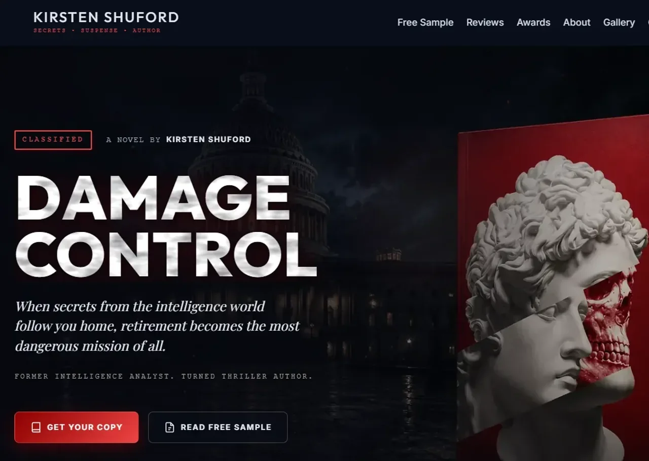 Kirsten Shuford's author site: the title DAMAGE CONTROL under a CLASSIFIED label, beside the red book cover