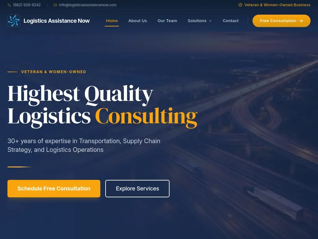 The Logistics Assistance Now website, a veteran- and woman-owned logistics consultancy.