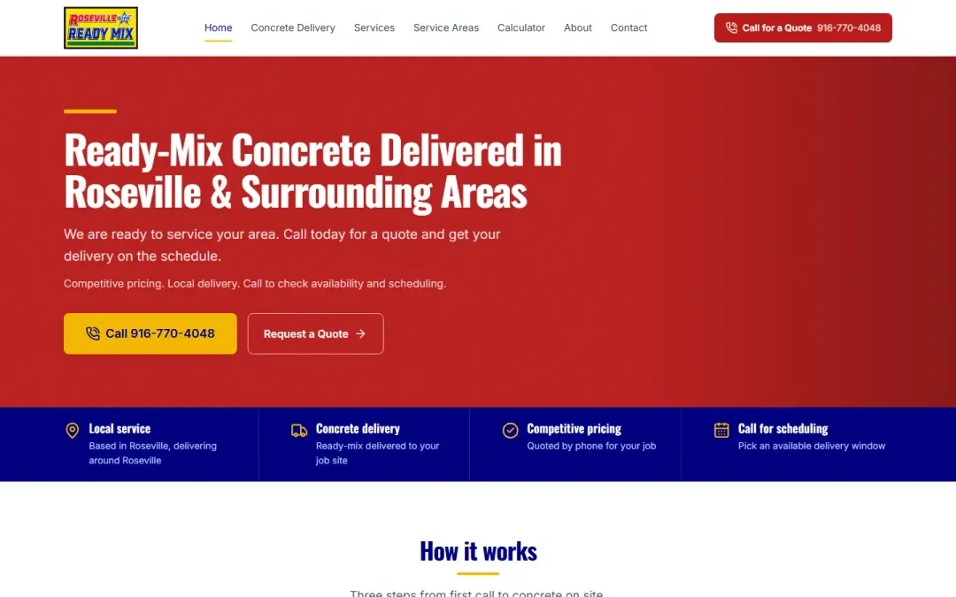 Roseville Star Ready Mix's current homepage with concrete delivery information and clear call and quote buttons