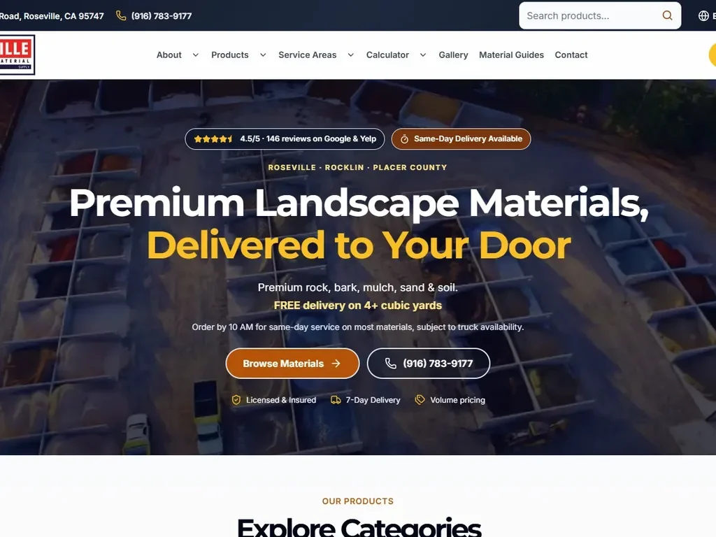 Roseville Landscape Material Supply's homepage: an aerial photograph of the material bays under the headline Premium Landscape Materials, Delivered to Your Door