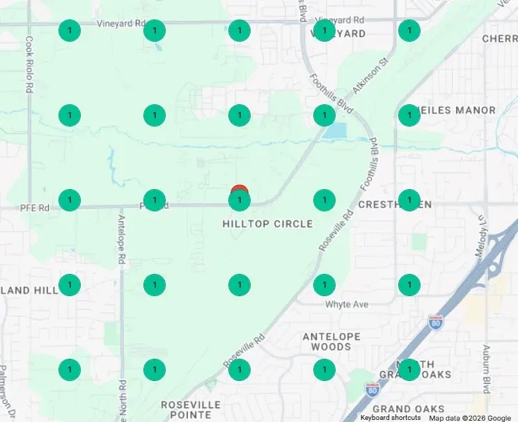 The tracked 5 by 5 grid around the yard on a map, every checkpoint marked 1.