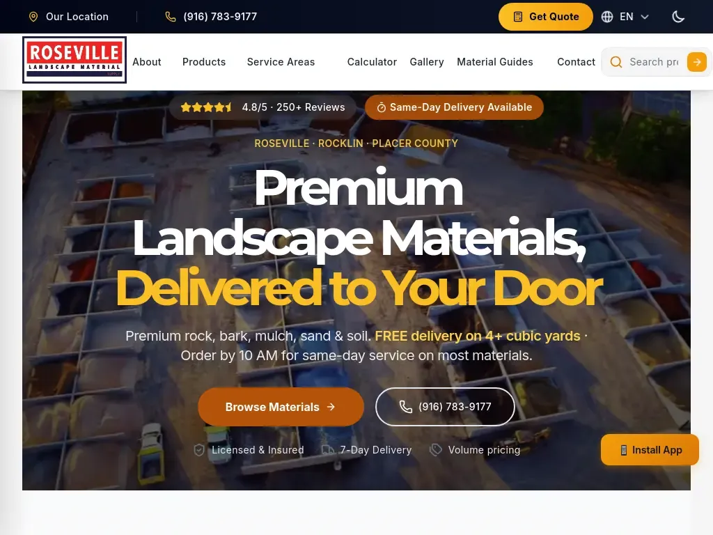 The Roseville Landscape Material Supply homepage after the rebuild, with English and Spanish language switch in the header.