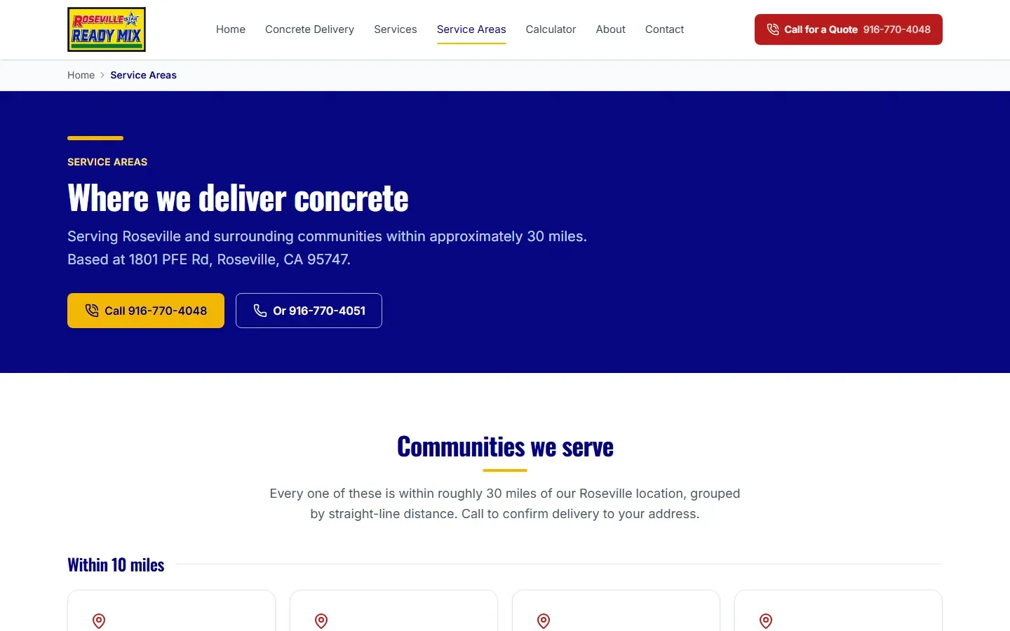 The service areas page: Where we deliver concrete, serving Roseville and surrounding communities within approximately 30 miles, with both phone numbers.