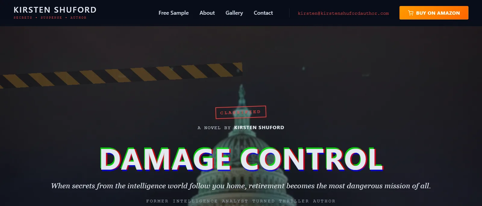 Kirsten Shuford, thriller author platform with classified-document atmosphere and intelligence-themed UX