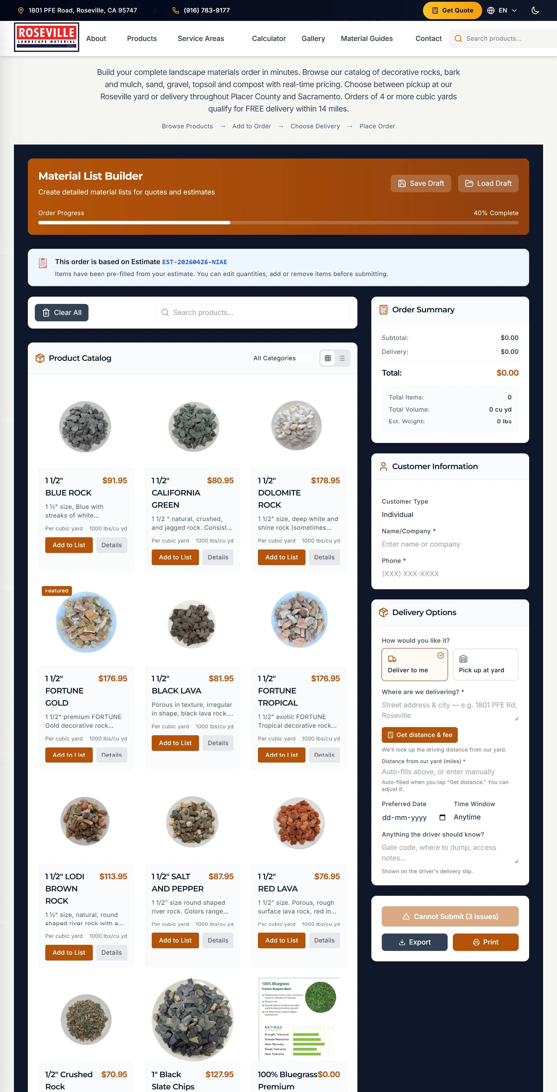 The Material Estimator tool sizing a job and returning cubic yards, equivalent bags, weight, and pricing