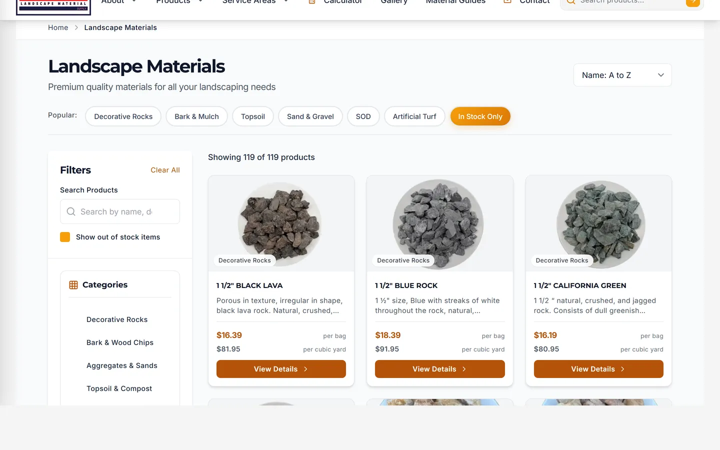 Roseville Landscape Material Supply product catalog showing 119 products with category filters and pricing