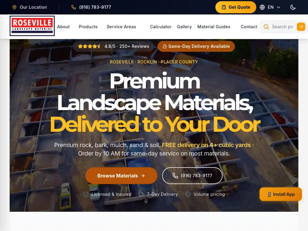 Roseville Landscape Material Supply homepage hero after the WordPress-to-Astro rebuild
