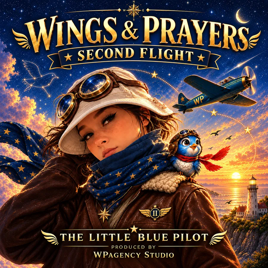 Wings & Prayers: Second Flight cover: the same pilot in a cream cap with brass goggles pushed up over the brim and a blue star-patterned scarf, the bluebird in aviator goggles and a red scarf on her shoulder, a WP-marked propeller plane, a crescent moon and a constellation in the shape of a bird over a sunset sea and a lighthouse.